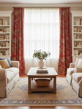 Vintage POTTERY BARN Palampore Jacobean Curtains 50x96 Red w/ Rings & Tiebacks